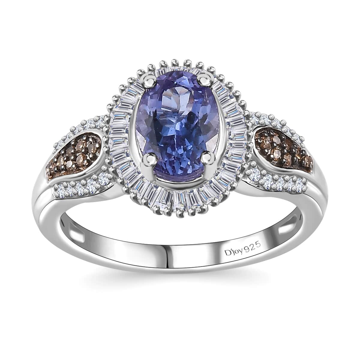 Peacock Tanzanite, Natural Champagne and White Diamond Halo Ring in Platinum Over Sterling Silver (Size 7.0) 1.65 ctw image number 0