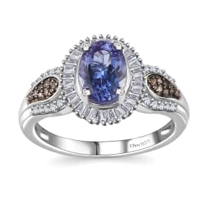 Peacock Tanzanite, Natural Champagne and White Diamond Halo Ring in Platinum Over Sterling Silver (Size 7.0) 1.65 ctw
