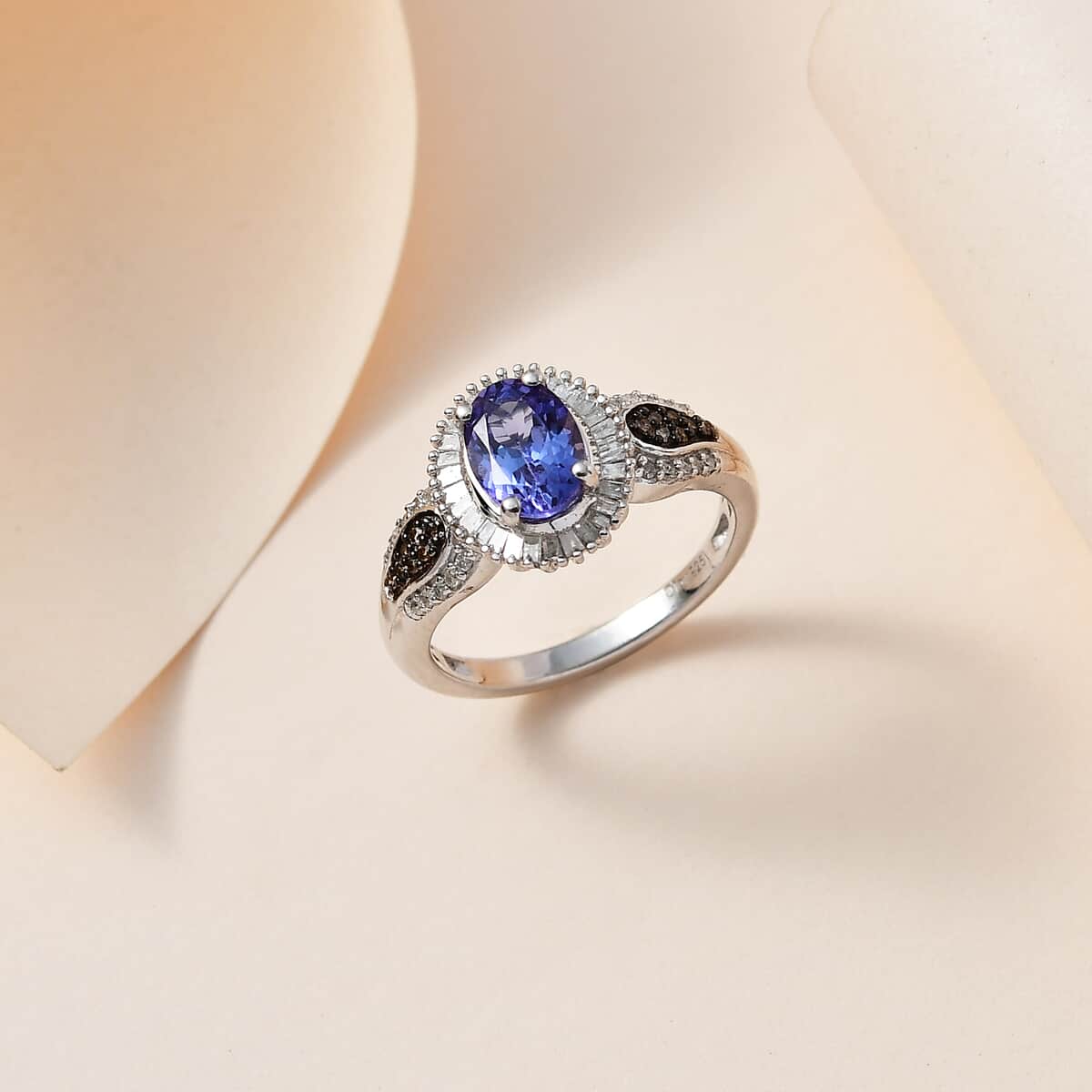 Peacock Tanzanite, Natural Champagne and White Diamond Halo Ring in Platinum Over Sterling Silver (Size 7.0) 1.65 ctw image number 1