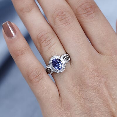 Peacock Tanzanite, Natural Champagne and White Diamond Halo Ring in Platinum Over Sterling Silver (Size 7.0) 1.65 ctw