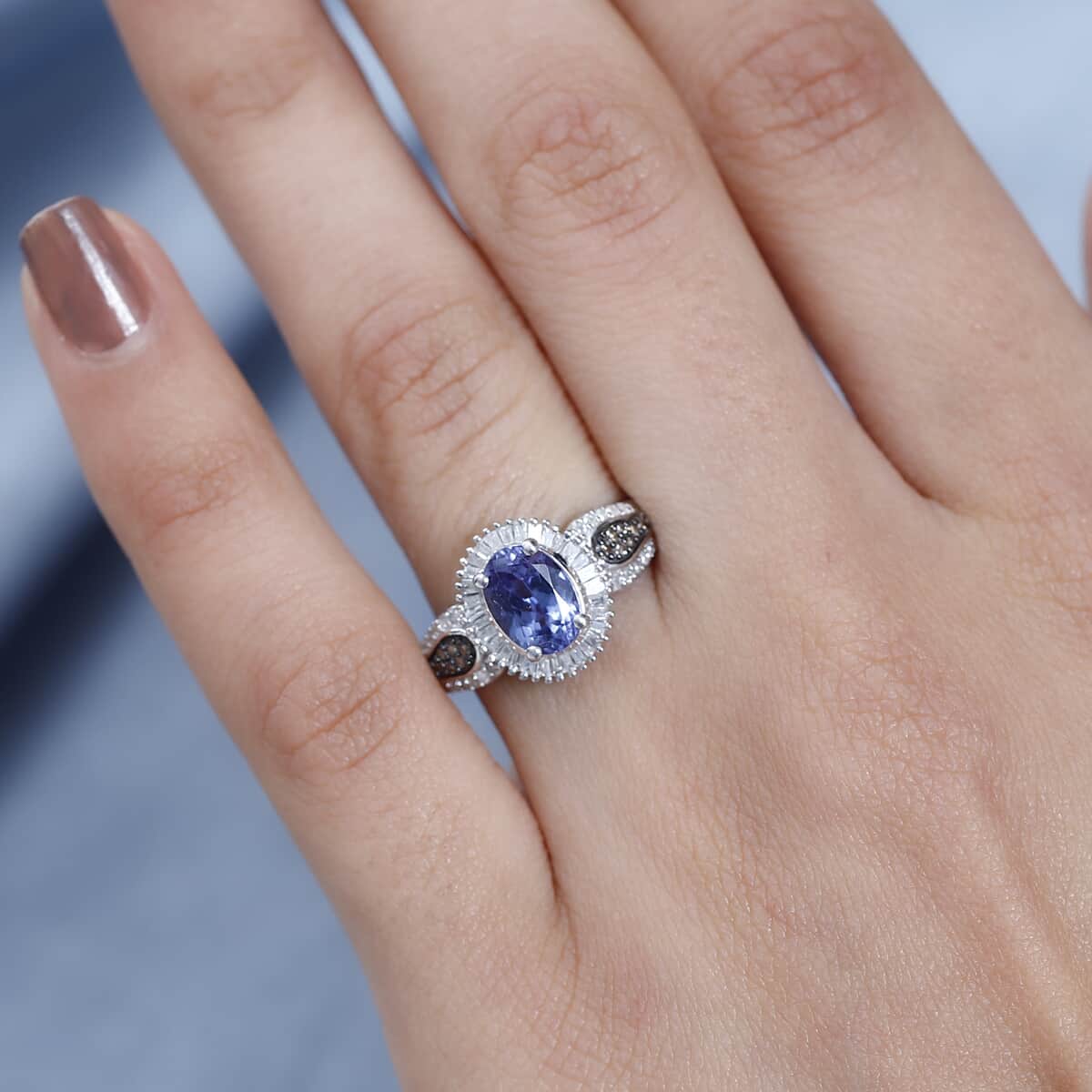 Peacock Tanzanite, Natural Champagne and White Diamond Halo Ring in Platinum Over Sterling Silver (Size 7.0) 1.65 ctw image number 2