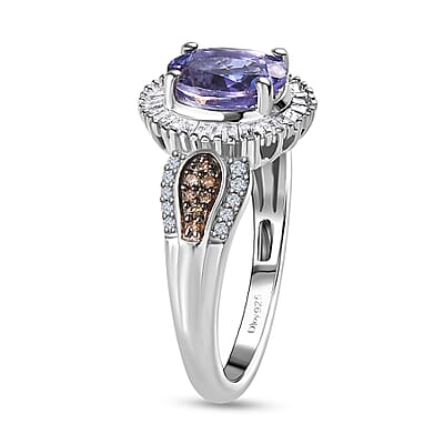 Peacock Tanzanite, Natural Champagne and White Diamond Halo Ring in Platinum Over Sterling Silver (Size 7.0) 1.65 ctw