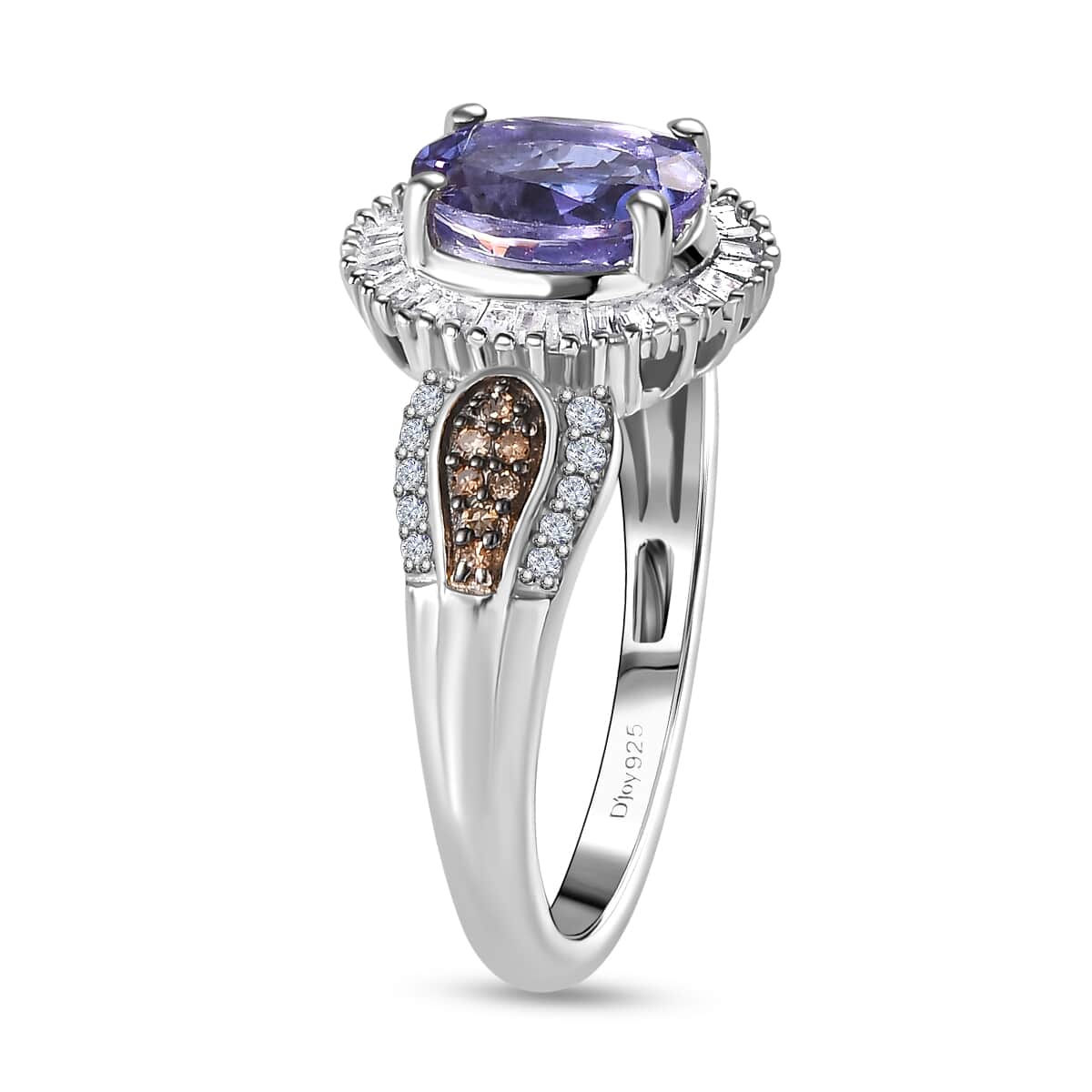 Peacock Tanzanite, Natural Champagne and White Diamond Halo Ring in Platinum Over Sterling Silver (Size 7.0) 1.65 ctw image number 3
