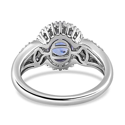 Peacock Tanzanite, Natural Champagne and White Diamond Halo Ring in Platinum Over Sterling Silver (Size 7.0) 1.65 ctw