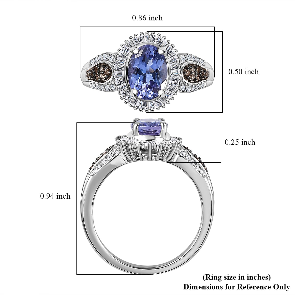 Peacock Tanzanite, Natural Champagne and White Diamond Halo Ring in Platinum Over Sterling Silver (Size 7.0) 1.65 ctw