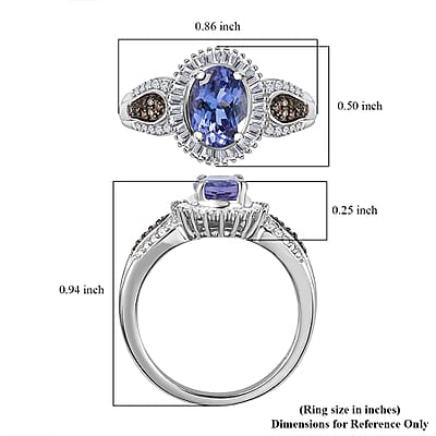 Peacock Tanzanite, Natural Champagne and White Diamond Halo Ring in Platinum Over Sterling Silver (Size 7.0) 1.65 ctw