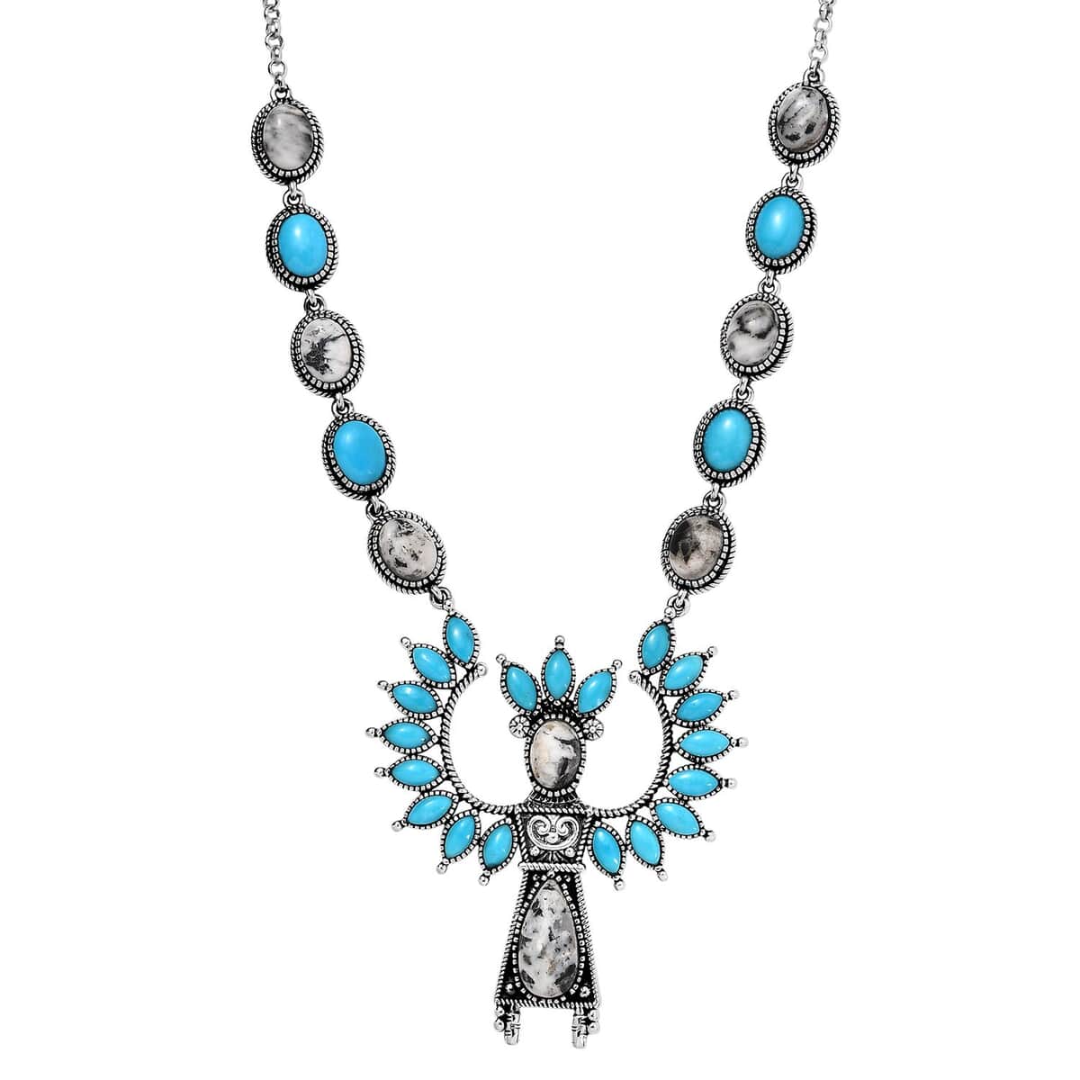 Artisan Crafted White Buffalo and Sleeping Beauty Turquoise Kachina Doll Necklace 18 Inches in Sterling Silver 19.15 ctw image number 0