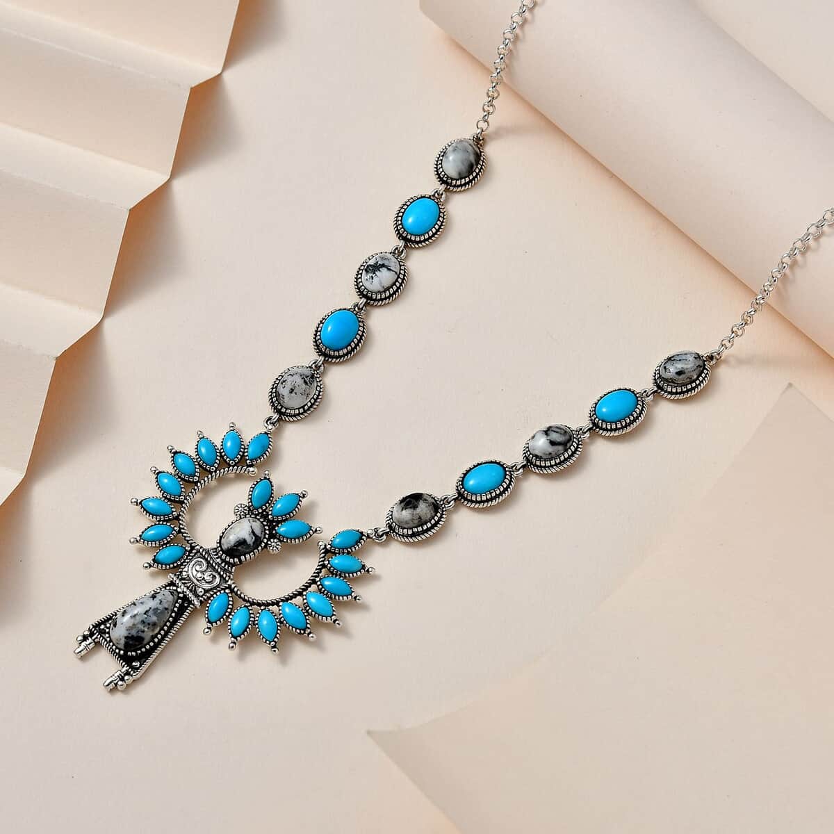 Artisan Crafted White Buffalo and Sleeping Beauty Turquoise Kachina Doll Necklace 18 Inches in Sterling Silver 19.15 ctw image number 1