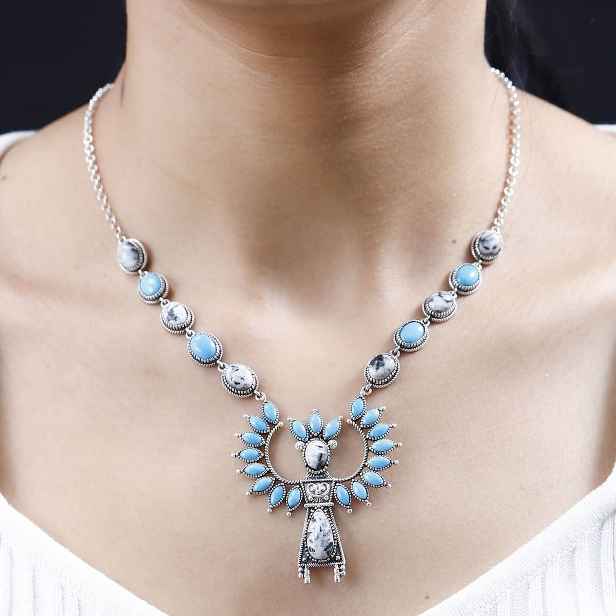 Artisan Crafted White Buffalo and Sleeping Beauty Turquoise Kachina Doll Necklace 18 Inches in Sterling Silver 19.15 ctw image number 2