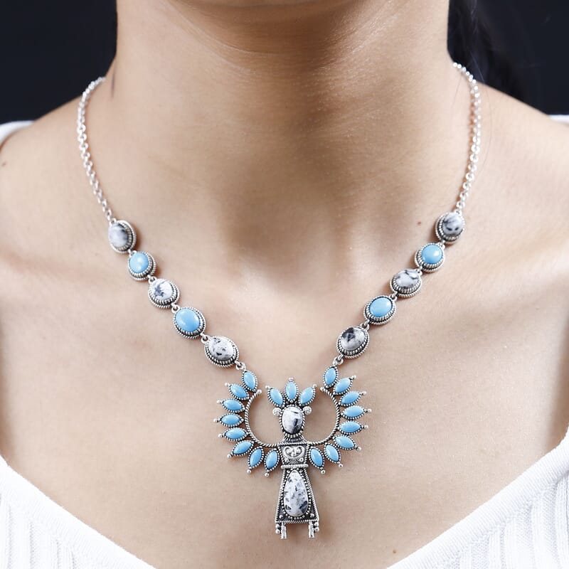 Artisan Crafted White Buffalo and Sleeping Beauty Turquoise Kachina Doll Necklace 18 Inches in Sterling Silver 19.15 ctw