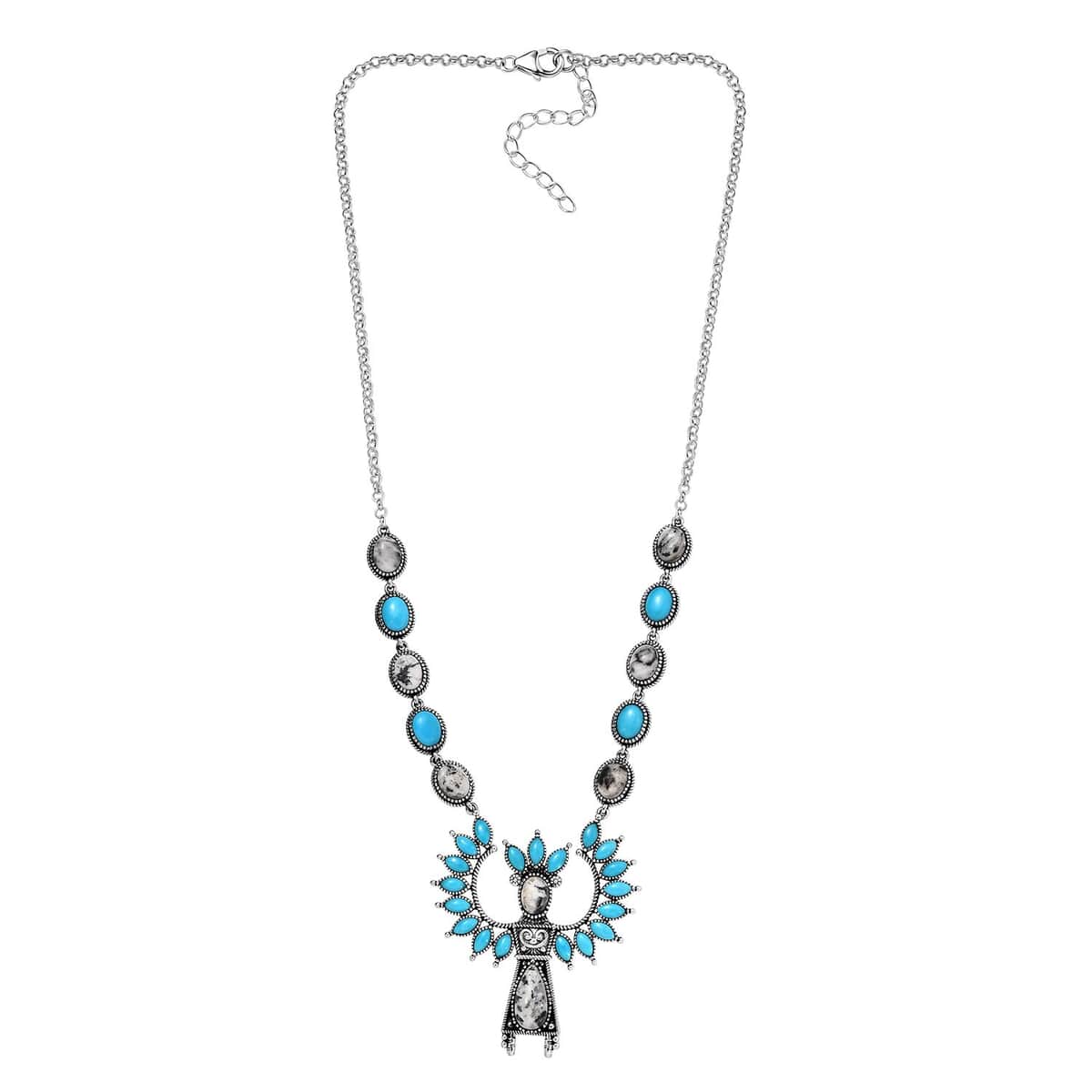 Artisan Crafted White Buffalo and Sleeping Beauty Turquoise Kachina Doll Necklace 18 Inches in Sterling Silver 19.15 ctw image number 3