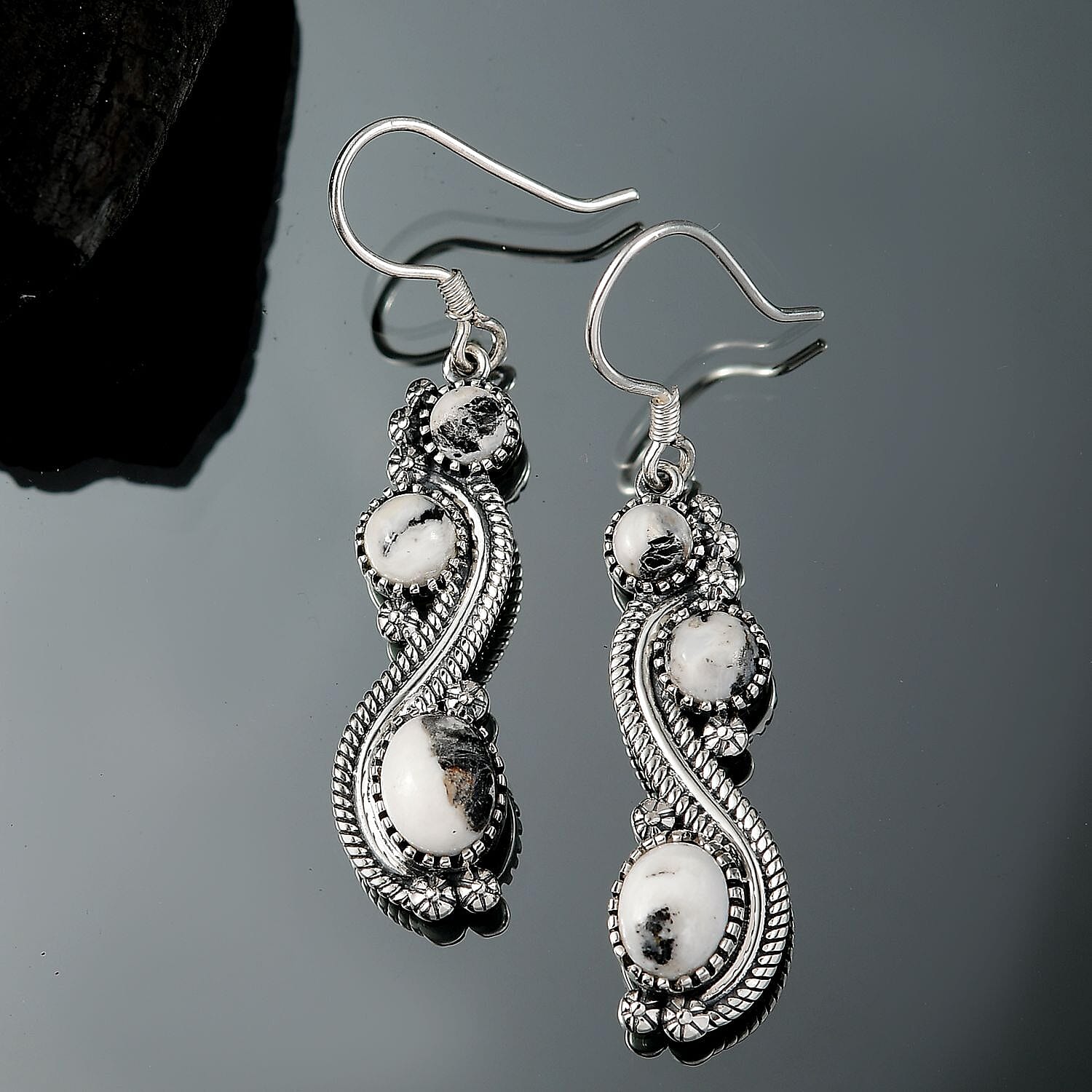 D'Joy Artisan Crafted White Buffalo 7.35 ctw Native American Earrings in Sterling Silver 