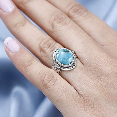 Artisan Crafted Sierra Nevada Turquoise Feather Theme Solitaire Ring in Sterling Silver (Size 10.0) 4.75 ctw