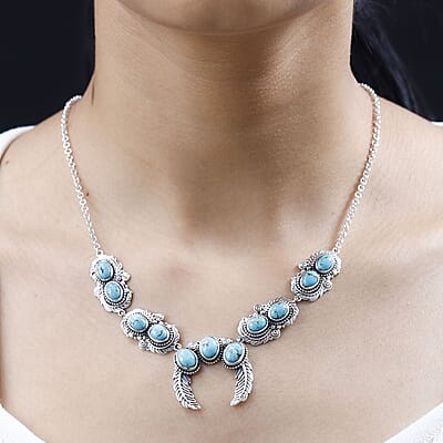 Artisan Crafted Sierra Nevada Turquoise 9.70 ctw Naja Squash Blossom Necklace 18-20 Inches in Sterling Silver