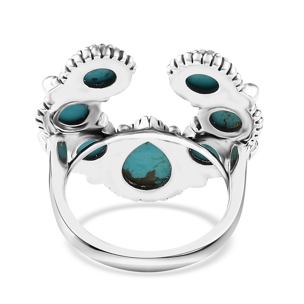 Artisan Crafted Sierra Nevada Turquoise Squash Blossom Ring in Sterling Silver (Size 8.0) 5.65 ctw image number 4