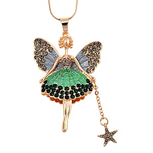Green Austrian Crystal and Enameled Fairy Pendant with Necklace in Goldtone 28-30 Inches