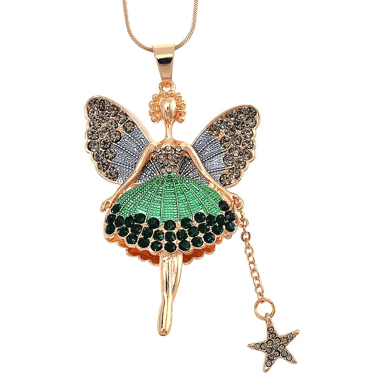 Green Austrian Crystal and Enameled Fairy Pendant with Necklace in Goldtone 28-30 Inches