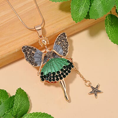 Green Austrian Crystal and Enameled Fairy Pendant with Necklace in Goldtone 28-30 Inches