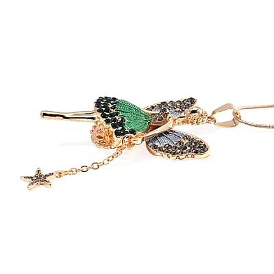 Green Austrian Crystal and Enameled Fairy Pendant with Necklace in Goldtone 28-30 Inches