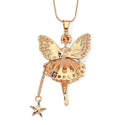 Green Austrian Crystal and Enameled Fairy Pendant with Necklace in Goldtone 28-30 Inches