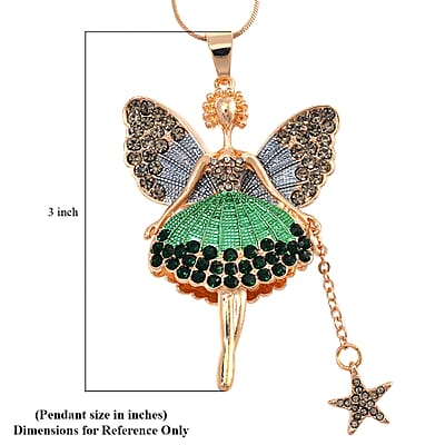 Green Austrian Crystal and Enameled Fairy Pendant with Necklace in Goldtone 28-30 Inches