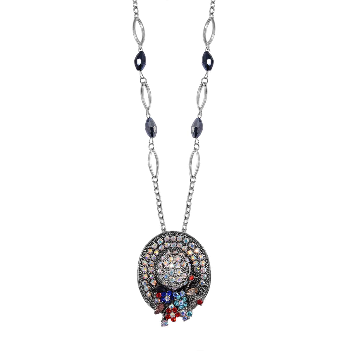 Blue Glass and Multi Color Austrian Crystal Hat Pendant with Necklace in Silvertone 28-30 Inches image number 0