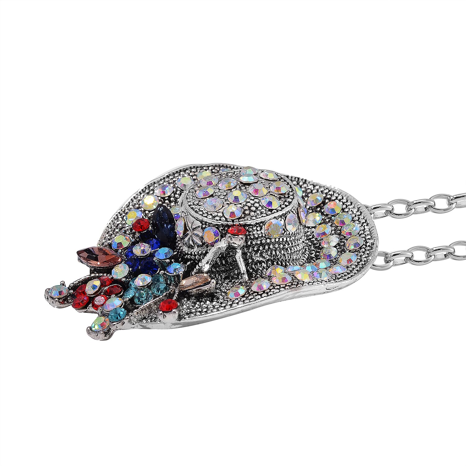 Blue Glass and Multi Color Austrian Crystal Hat Pendant with Necklace in Silvertone 28-30 Inches
