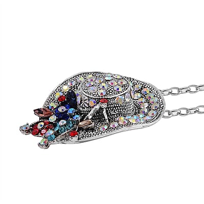 Blue Glass and Multi Color Austrian Crystal Hat Pendant with Necklace in Silvertone 28-30 Inches
