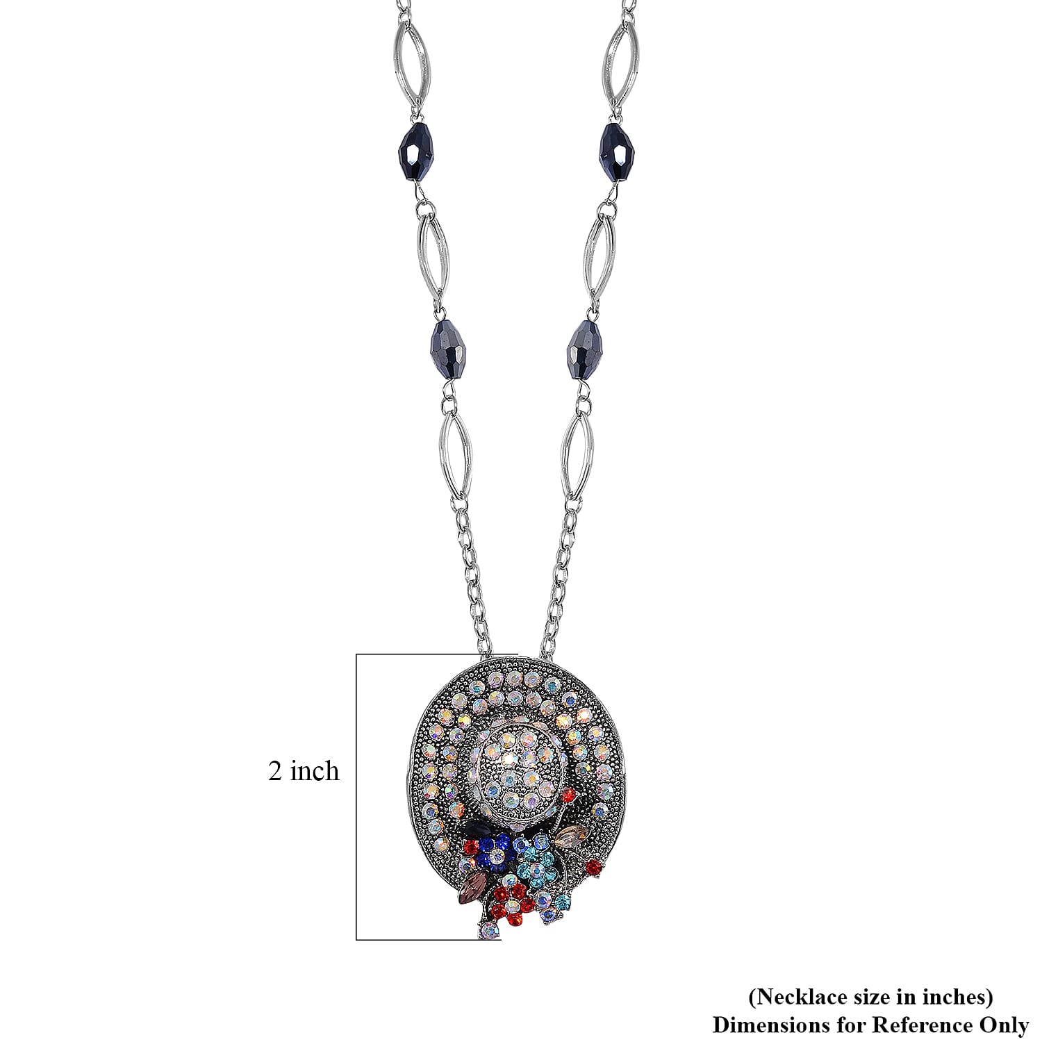 Blue Glass and Multi Color Austrian Crystal Hat Pendant with Necklace in Silvertone 28-30 Inches