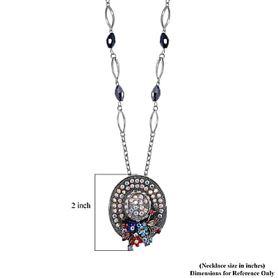 Blue Glass and Multi Color Austrian Crystal Hat Pendant with Necklace in Silvertone 28-30 Inches
