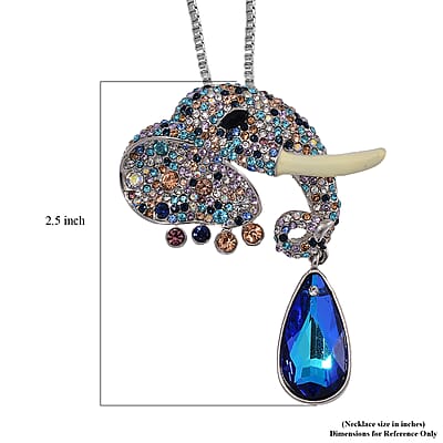 Blue Glass, Multi Color Austrian Crystal and Enameled Necklace in Silvertone 28-30 Inches