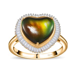Canadian Ammolite and Diamond Heart Halo Ring in Vermeil Yellow Gold Over Sterling Silver (Size 10.0) 0.40 ctw