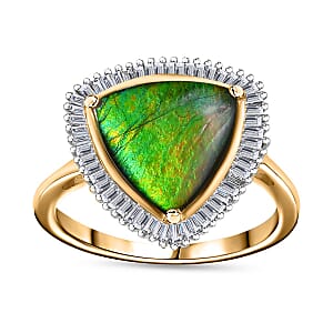 Canadian Ammolite and Diamond Trillion Halo Ring in Vermeil Yellow Gold Over Sterling Silver (Size 9.0) 0.33 ctw