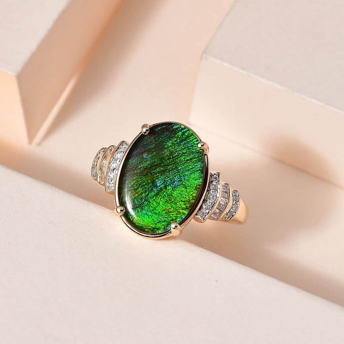 Luxoro 10K Yellow Gold Canadian Ammolite and G-H I2 Diamond Ring (Size 10.0) 0.20 ctw image number 1