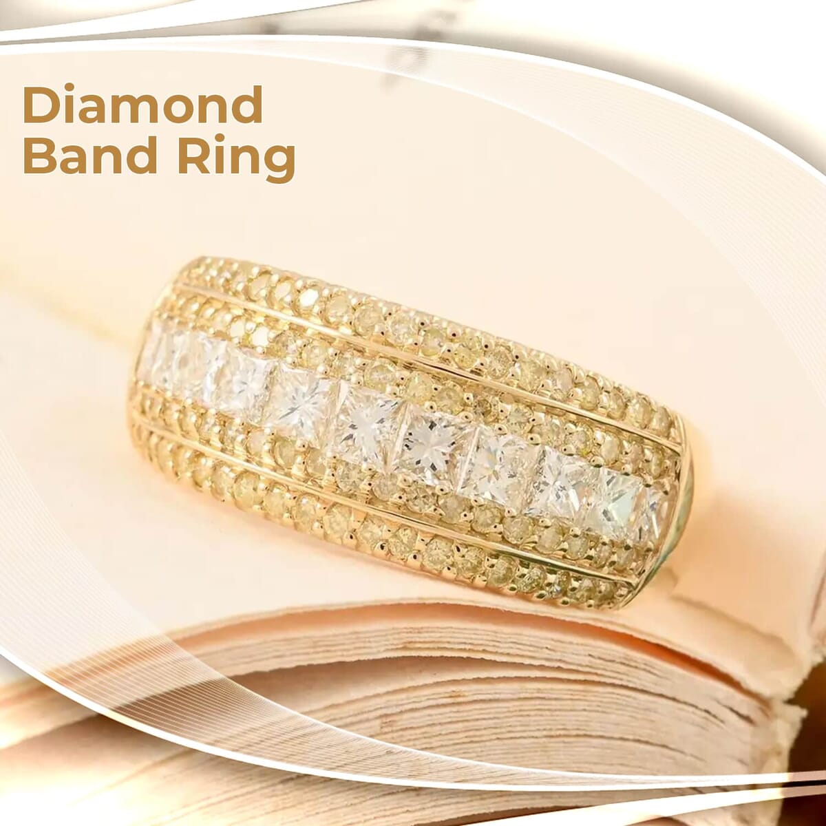 14K Yellow Gold Diamond Ring, Natural Yellow and White Diamond Ring, SI Diamond Ring, Gold Ring, Multi Row Diamond Ring, Gold Wedding Rings 1.00 ctw (Size 9) image number 1