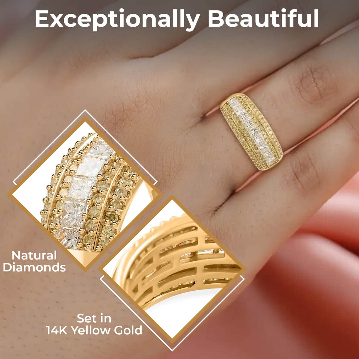 14K Yellow Gold Diamond Ring, Natural Yellow and White Diamond Ring, SI Diamond Ring, Gold Ring, Multi Row Diamond Ring, Gold Wedding Rings 1.00 ctw (Size 10) image number 2