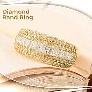 14K Yellow Gold Diamond Ring, Natural Yellow and White Diamond Ring, SI Diamond Ring, Gold Ring, Multi Row Diamond Ring, Gold Wedding Rings 1.00 ctw (Size 12)