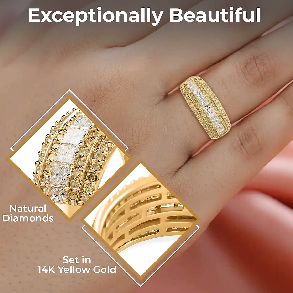 14K Yellow Gold Diamond Ring, Natural Yellow and White Diamond Ring, SI Diamond Ring, Gold Ring, Multi Row Diamond Ring, Gold Wedding Rings 1.00 ctw (Size 12) image number 2