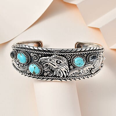 Artisan Crafted Sierra Nevada Turquoise and White Buffalo 6.90 ctw Eagle Cuff Bracelet in Sterling Silver (7.25 In)