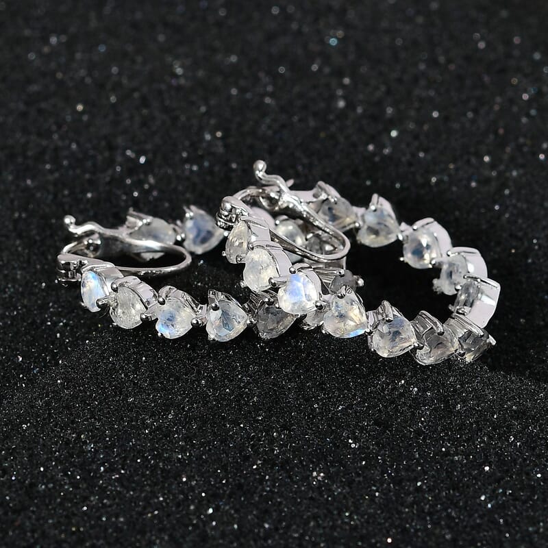 Premium Rainbow Moonstone Inside Out Hoop Earrings in Platinum Over Sterling Silver 6.00 ctw