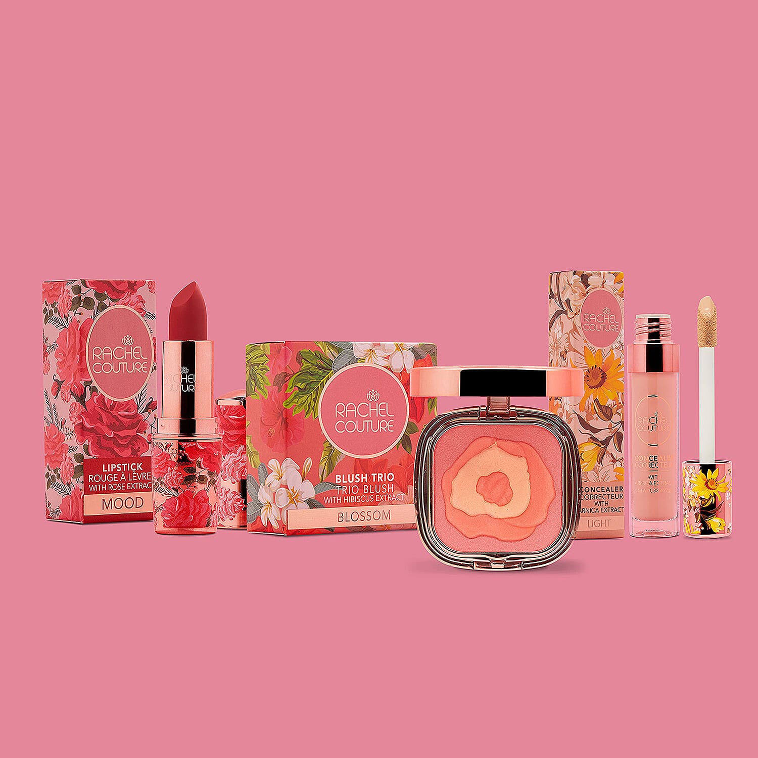 Rachel Couture Makeup Essentials Set of Light Concealer Correcteur Mood Lipstick And Blush, Vegan Matte Finish Cruelty-Free Makeup Set of 3 Products For All Skin Types