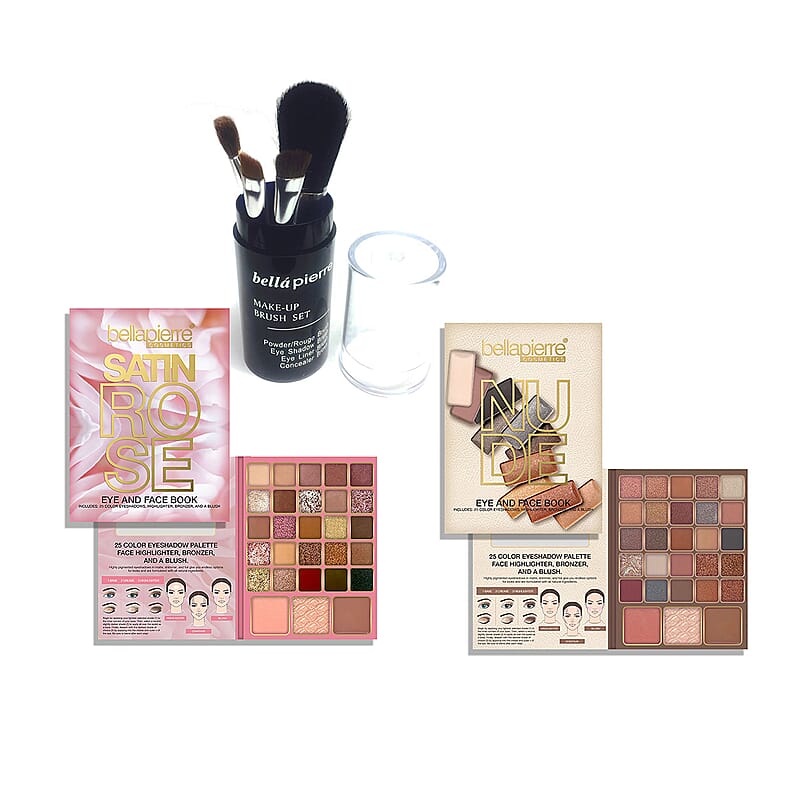 Bellapierre Full Face 2 Piece Makeup Set of Color Eyeshadow Palette Face Highlighter Bronzer Blush With 25 Colors Each And Mini Makeup Brush Set (Ultimate Nude + Satin Rose)