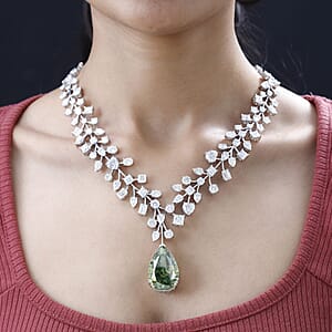 Dark Green Moissanite and White Moissanite 142.50 ctw Necklace 18 Inches in Platinum Over Sterling Silver