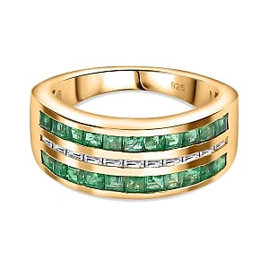 Emerald and White Zircon 1.42 ctw Ring in Vermeil Yellow Gold Over Sterling Silver (Size 11.5)