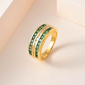 Emerald and White Zircon 1.42 ctw Ring in Vermeil Yellow Gold Over Sterling Silver (Size 11.5)