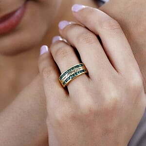Emerald and White Zircon 1.42 ctw Ring in Vermeil Yellow Gold Over Sterling Silver (Size 11.5)