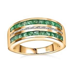 Emerald and White Zircon 1.42 ctw Ring in Vermeil Yellow Gold Over Sterling Silver (Size 11.5)