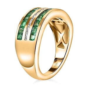 Emerald and White Zircon 1.42 ctw Ring in Vermeil Yellow Gold Over Sterling Silver (Size 11.5)