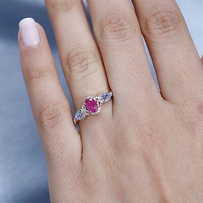 Premium Montepuez Ruby and Multi Gemstone Ring in Vermeil Rose Gold Over Sterling Silver (Size 10.0) 1.00 ctw