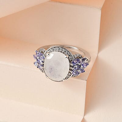 Premium Moon Glow Moonstone and Multi Gemstone 6.25 ctw Ring in Platinum Over Sterling Silver (Size 10.0)